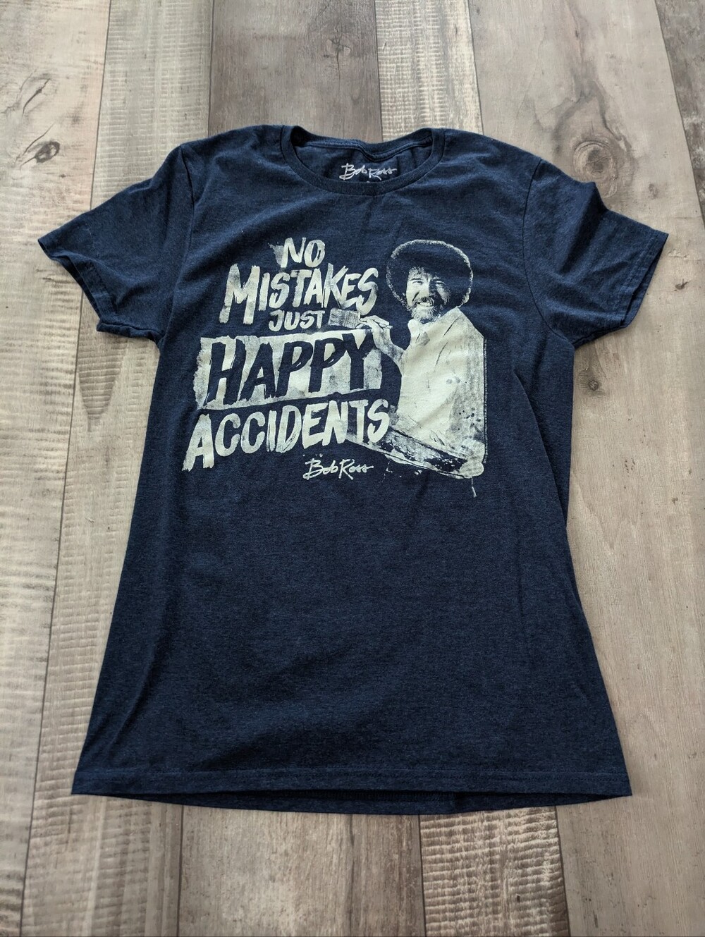Bob Ross No Mistakes Just‎ Happy Accidents Graphic T-Shirt Navy Blue Small